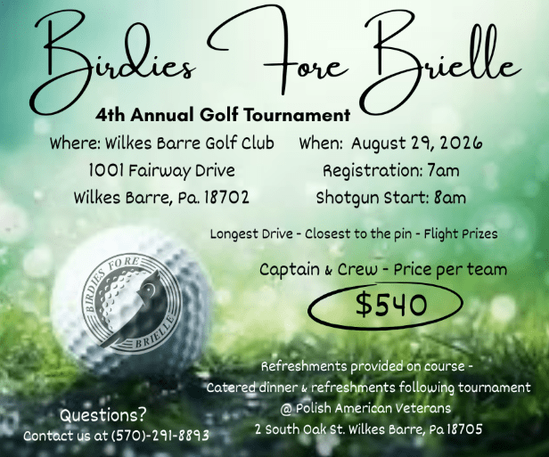 Golf tournament flyer featuring event details and a golf ball image.