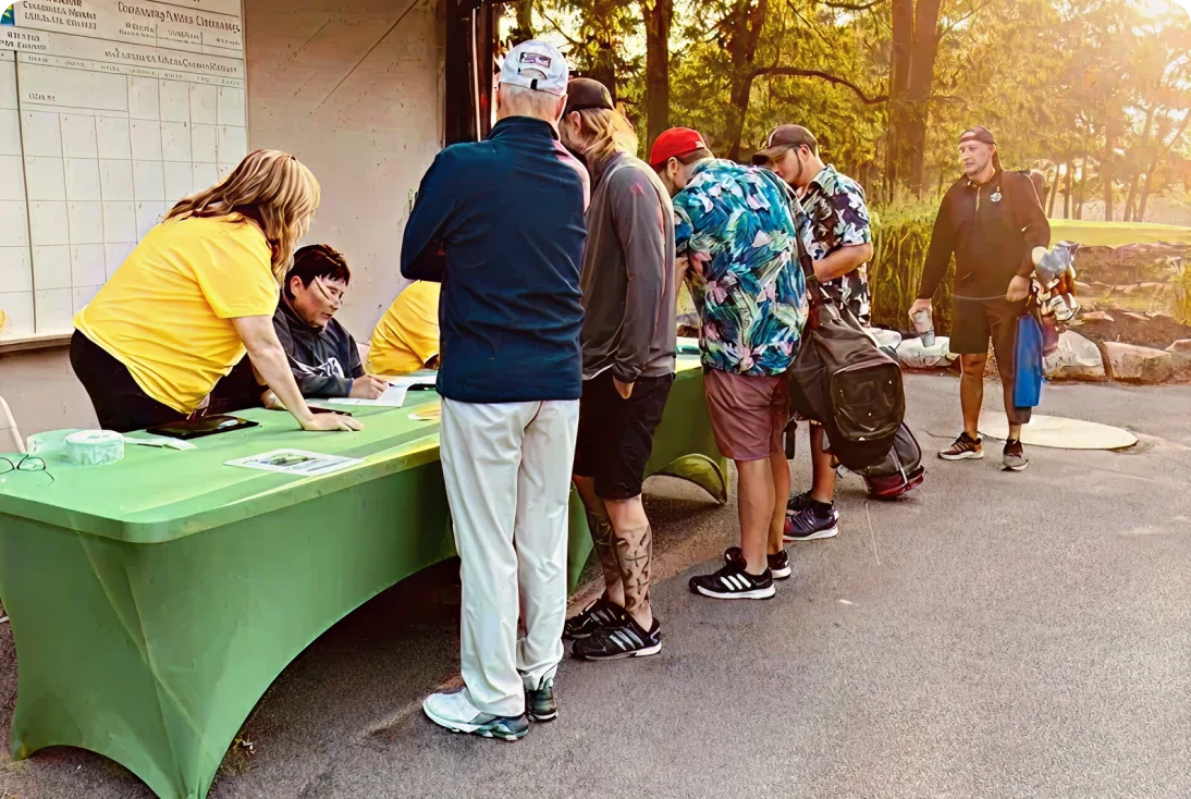 Participants lined up at check-in station